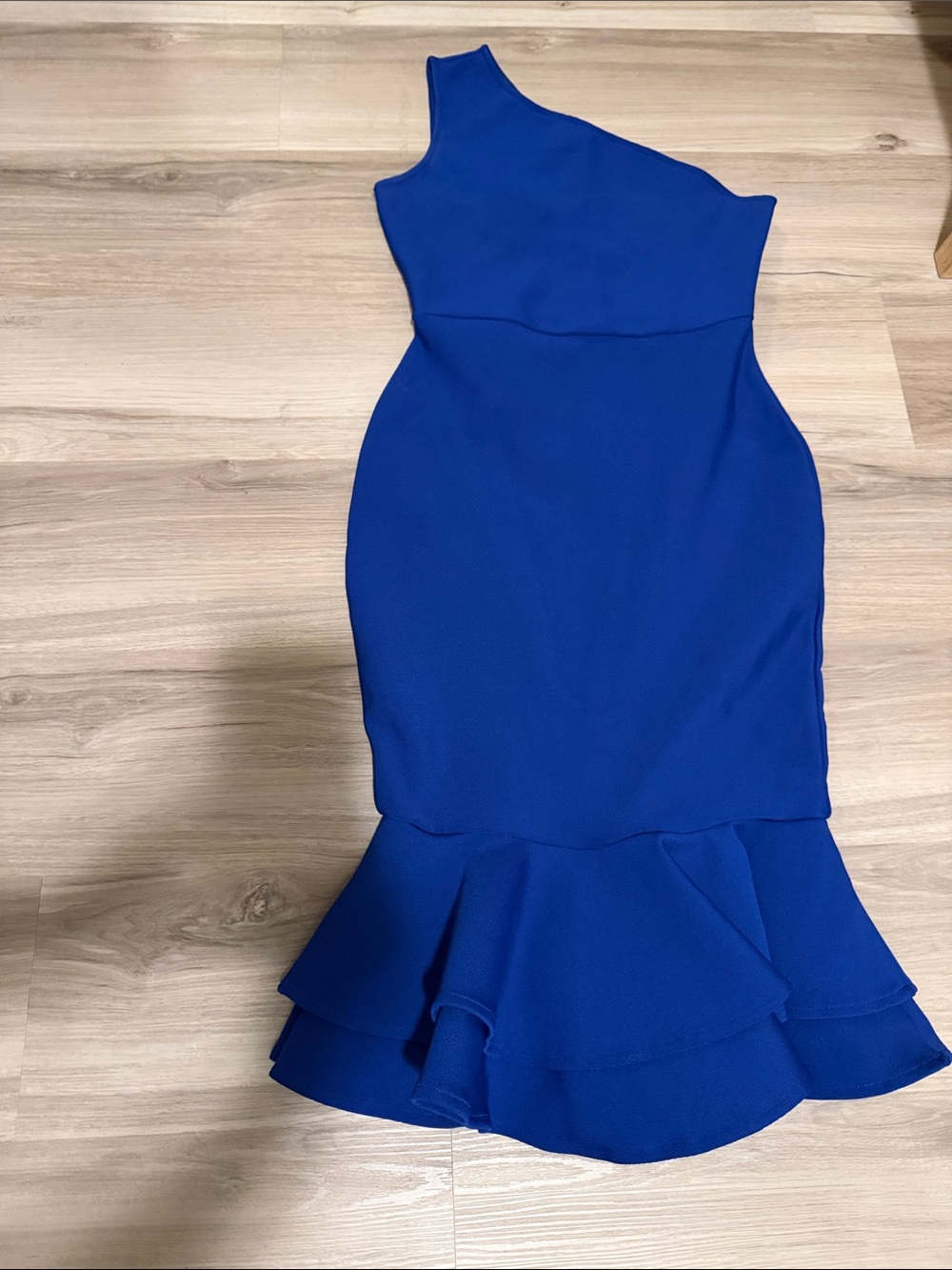 One-Shoulder Royal Blue Ruffle-Hem Dress